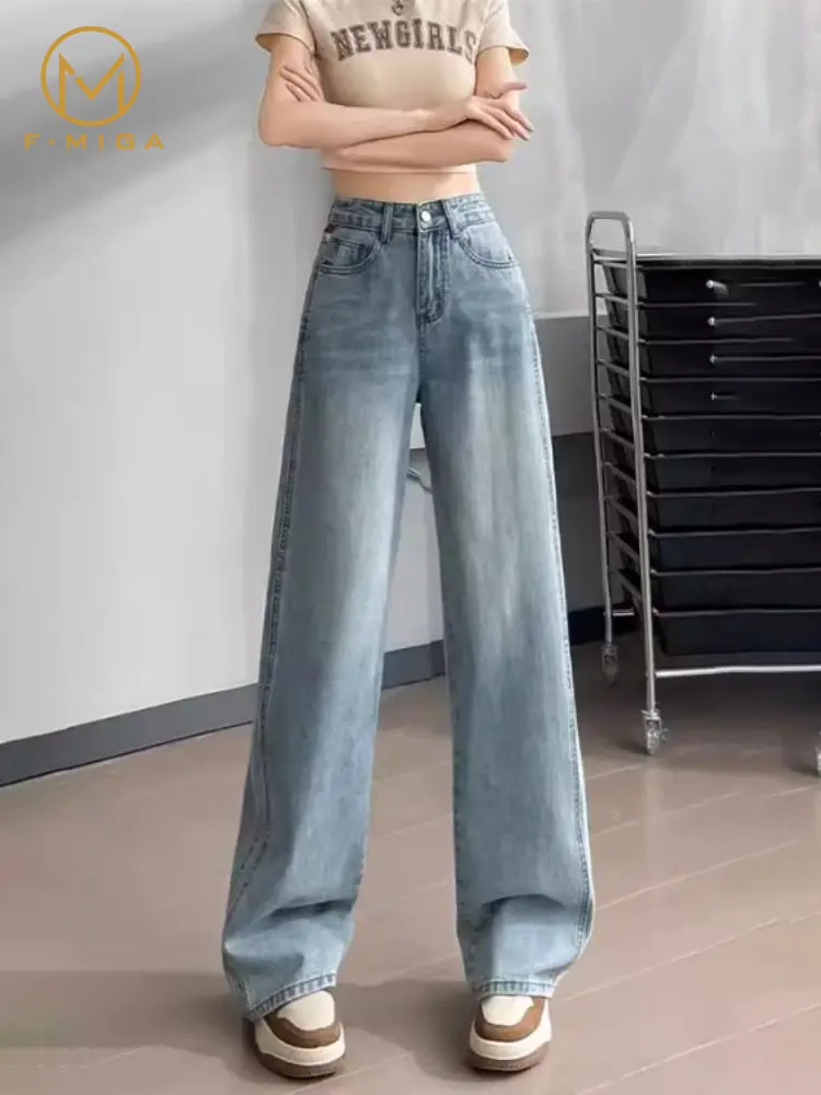 F·MIGA C150 Highwaist Kulot Jeans Wanita Loose Korean Celana Jeans Wanita Kekinian - Biru