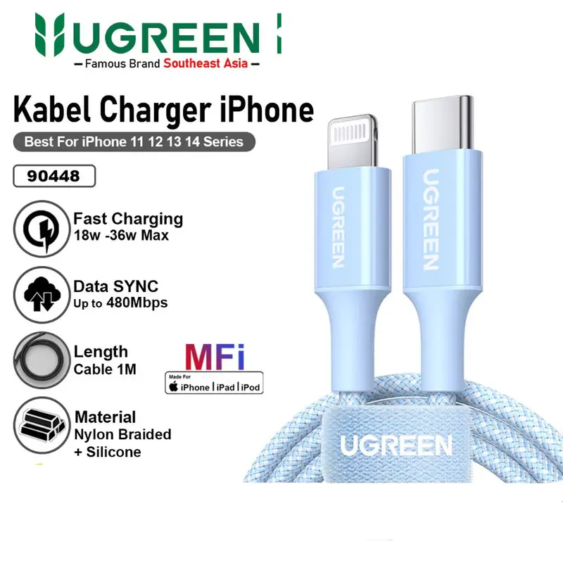 UGREEN - KABEL USB UGREEN C TO IPHONE WEAVEN 1M Biru 1