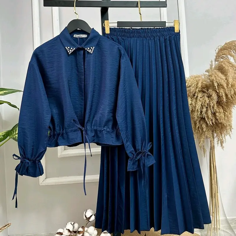 Jihan One Set Rok Plisket | Setelan Wanita Muslim Atasan Crop Rok Panjang Kulot Plisket Full Kancing Kerah Kemeja Crinkle Airflow Karet Melar 8