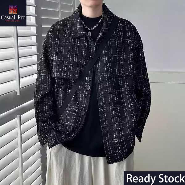 Áo Khoác Kẻ Sọc, Dành Cho Nam Giới, Bộ Sưu Tập Mùa Xuân Và Mùa Thu 2024, Phong Cách Nhật Bản, Thiết Kế Phong Cách Lười Biếng, Áo Khoác Sơ Mi Len Cao Cấp Dài Tay Màu Đen Menswear Kate