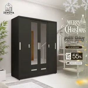 Zenova Besi Sliding Lemari 4 Pintu Kapasitas Besar, Pintu Sliding + 2 Cermin & 1 Gantungan - 160cm