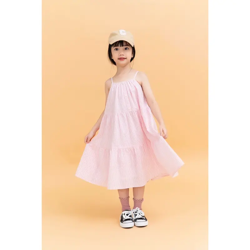 LEAH - Lillian dress - Đầm thiết kế LEAH hai dây xoè 3 tầng rút nhúm thô kẻ cotton cho bé từ 3,4,5,6,7,8,9,10 tuổi 0