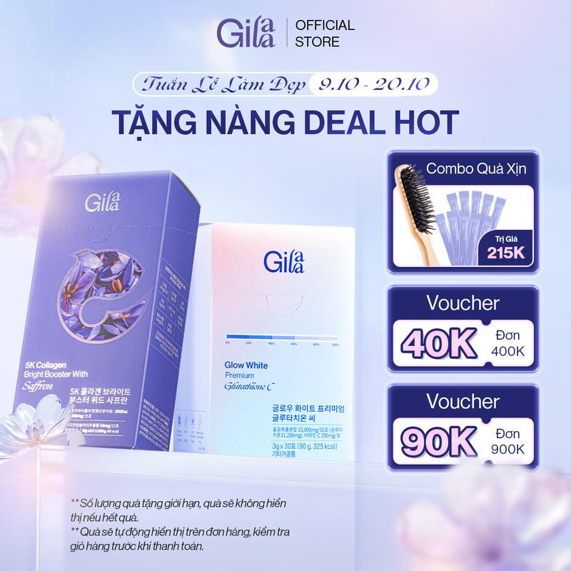 [Tặng Lược Cao Cấp + 10 gói collagen] Combo 2 Hộp - Thực phẩm bổ sung Gilaa Glow White Premium Glutathione C (3gx30 gói ) và Gilaa Collagen 5K Inner Booster With Saffron (20g x 15 gói)