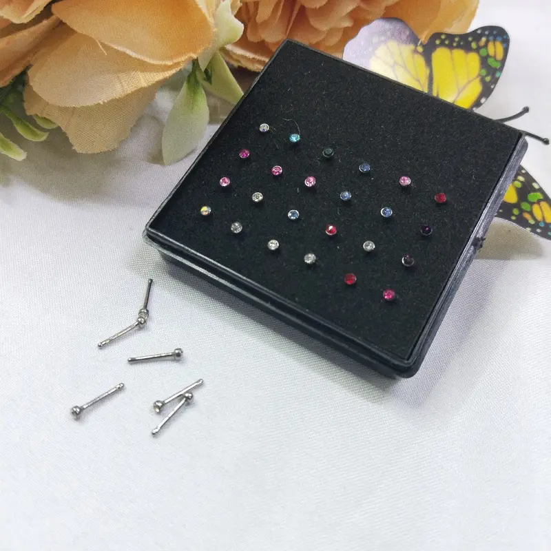 Anting Tindik Hidung 24pcs Tindik Hidung Nose Stud Silver Mata Warna Warni 2