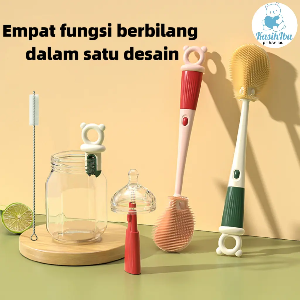 Multi-Functional Soft Silicone Baby Cleaning Brush 4-in-1 Set: Bottle Brush, Straw Brush, Press-Type Cleaning Brush, and Hidden Storage Design.