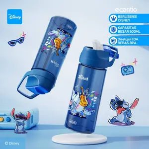 ECENTIO Stitch 500ml Botol Minum Anak BPA FREE dengan Sedotan Tahan Panas hingga 90℃ Seri Disney Stitch