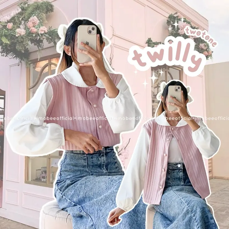 TWILLY TWOTONE BLOUSE // BLOUSE KNIT HORNET COMBI SYAKILA KOREA VINTAGE Kerah Panjang Wanita Atasan Baju 3
