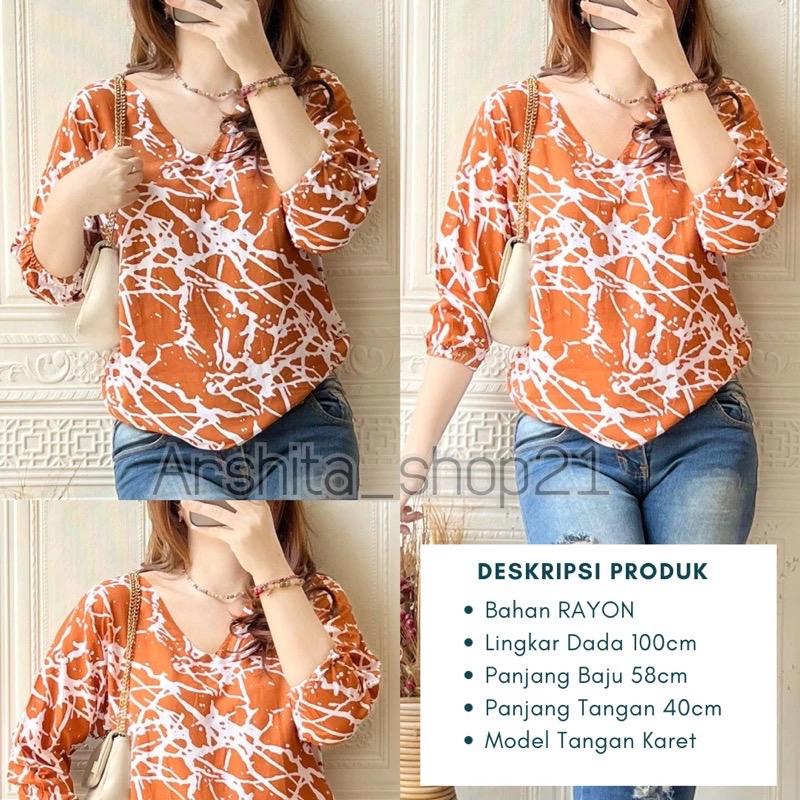 HANA [01] BLOUSE || [B01101] ATASAN WANITA TERLARIS BAHAN RAYON PREMIUM BLOUSE KEKINIAN LEHER V SIMPLE ELEGAN TANGAN 7/8 KARET MOTIF TERBARU