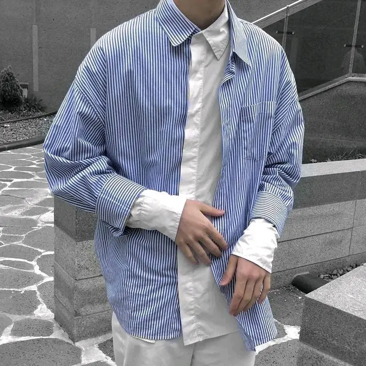 Kemeja Lengan Panjang Formal motif  Stripe Casual Pria 5