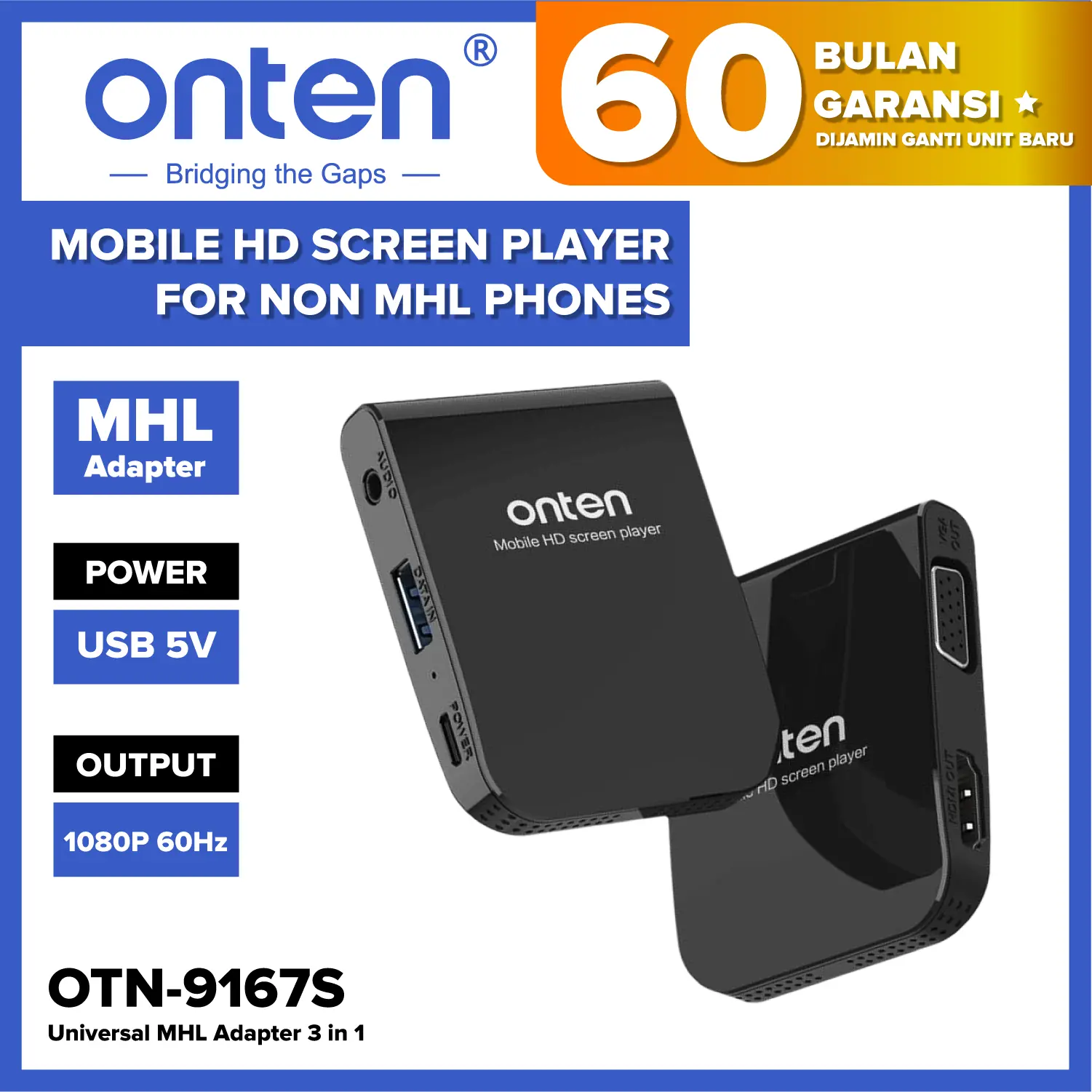 Onten Mobile Adapter HD Screen Player Support Hp Tab Non MHL 1080p 60Hz Resolution OTN-9167S