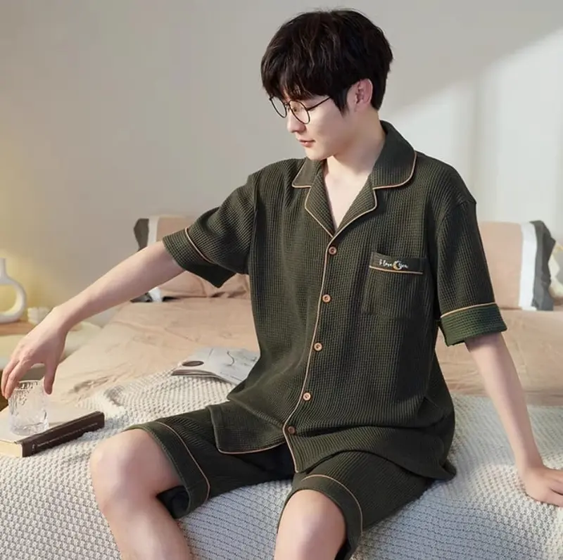 Baju tidur piyama cowok pendek bahan kaos katun kra kancing 0