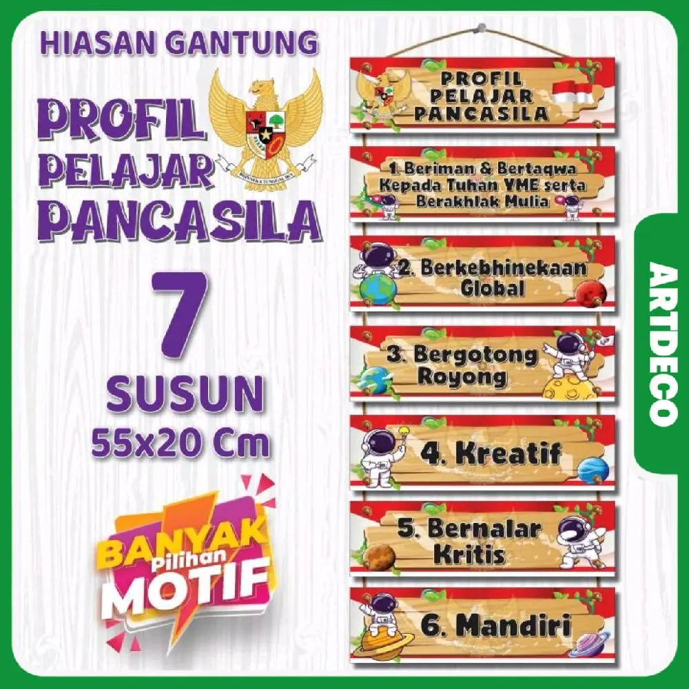 Dekorasi Dinding Kelas 55x20 Cm Siap Pasang Tema Profil Pelajar Pancasila Model Susun Gantung Tali PERLAS