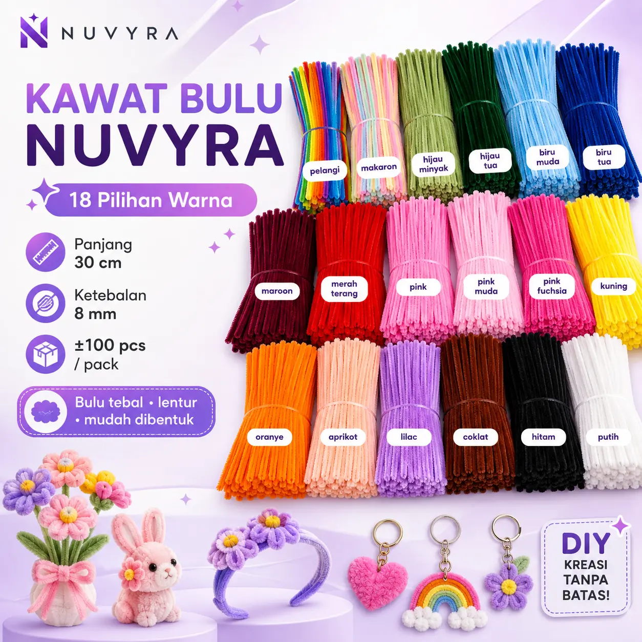 NUVYRA Kawat Bulu 8mm 30cm ±100pcs Pipe Cleaner Chenille Stem Kawat Chenille DIY Craft Kerajinan Tangan 18 Pilihan Warna