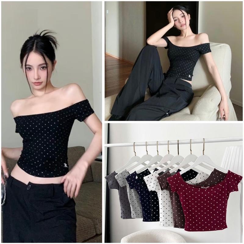 A215 DEAL MỞ BÁN Áo bẹt vai chấm bi chất mịn co giãn form ôm body tôn dáng