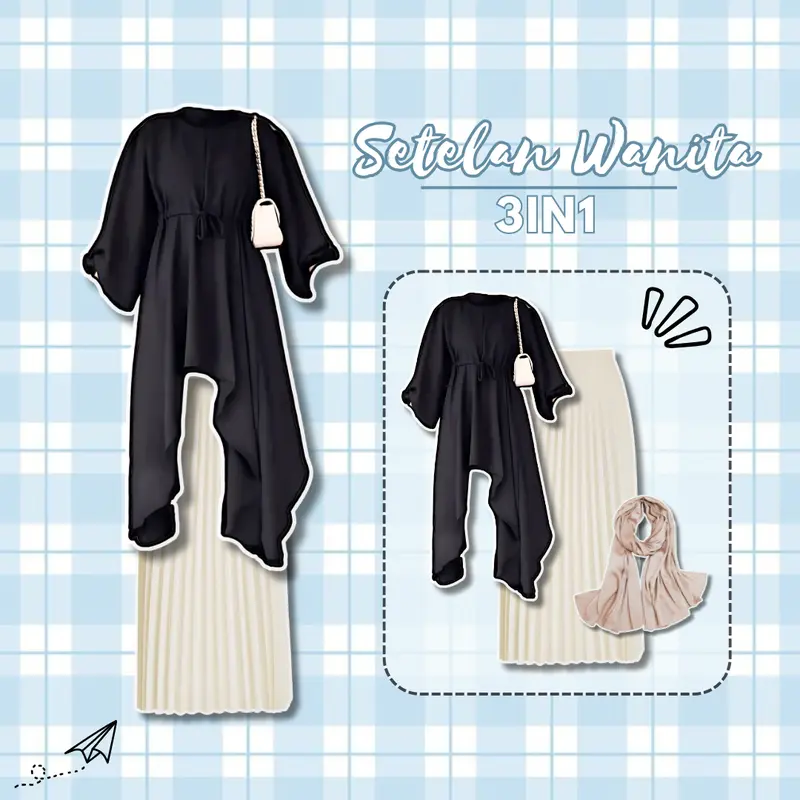 Setelan Wanita Remaja Dewasa 3IN1 Kekinian Tunic hitam, Rok, Pasmina cream Ootd Lebaran kondangan hangout terbatu-Set AB87 0