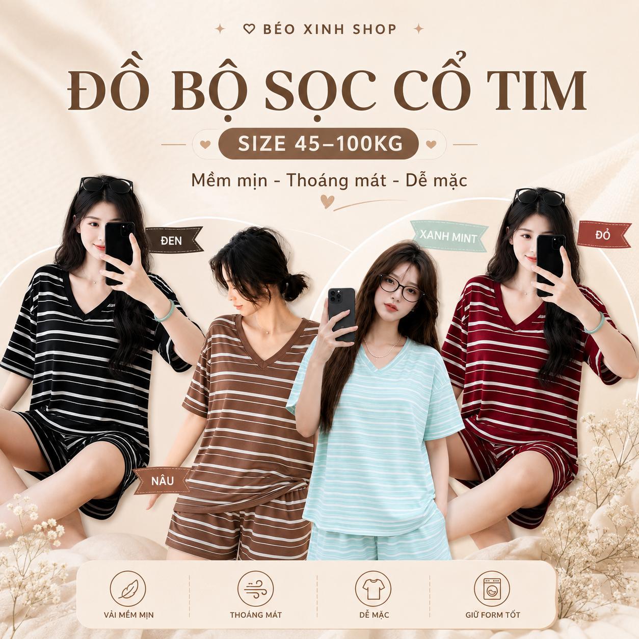 Set Bộ Nữ Bigsize Thun Borip Sọc Cổ V Form Rộng – Quần Short 45-100kg - A.1828