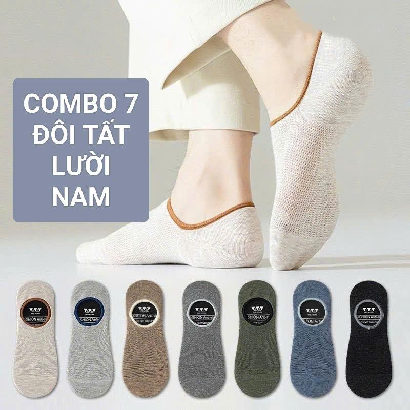 Combo 7 Đôi Tất Lười Nam Nữ Mặt Lưới Thoáng khí, co dãn 4 chiều, đệm silicon chống tuột gót