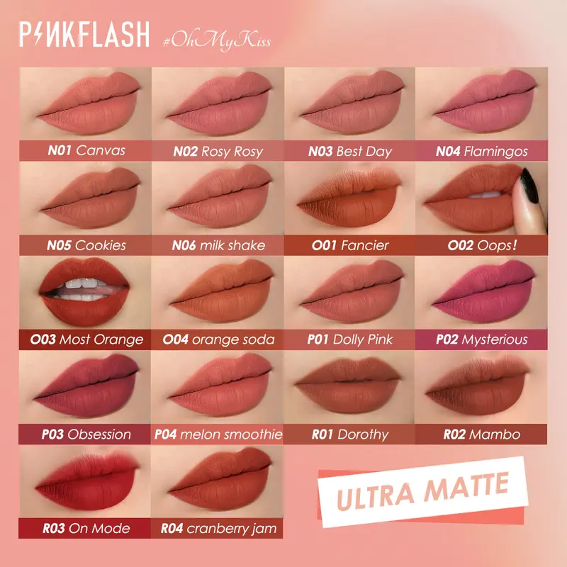 [Official] PINKFLASH OhMyKiss 3pcs Soft Matte Finish VE Moisturising Long-lasting Waterproof Non-sticky Liquid Lipstick Makeup Set liptint set lasting  gloss 7