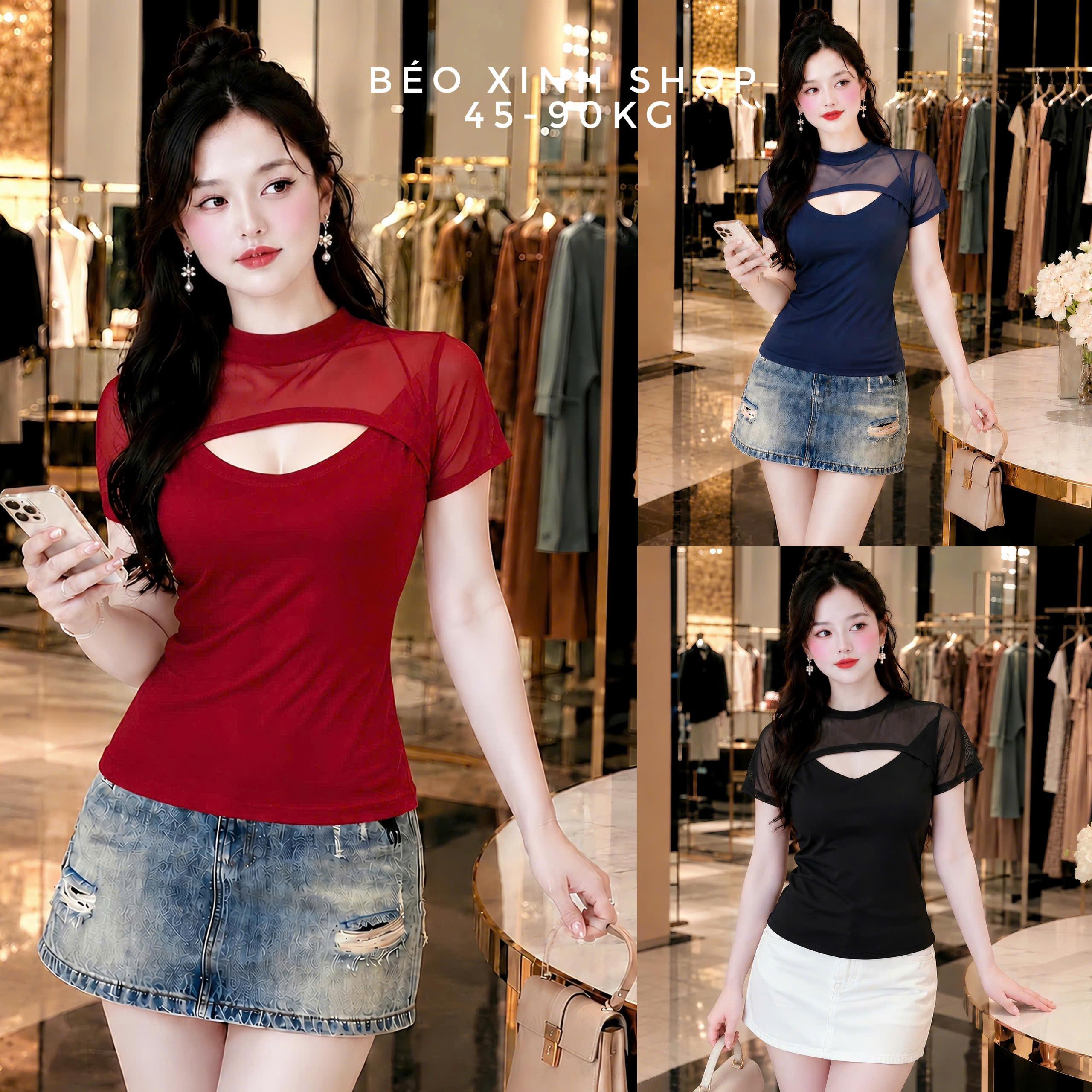 Áo Kiểu Nữ Bigsize Phối Lưới Tay Ngắn – Thun Borip Co Giãn Tôn Dáng 3 Màu 45–90kg Béo Xinh Shop - B.1889