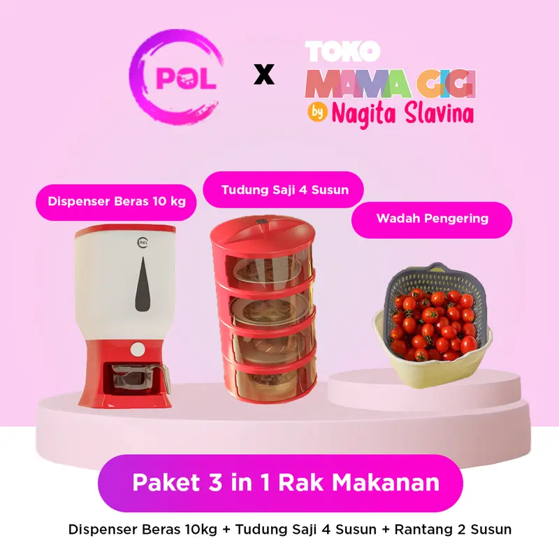 (POL) PAKET RAK MAKANAN 3 IN 1 | Dispenser Beras 10kg + Tudung Saji 4 Susun + Wadah Pengering 3PCS 0