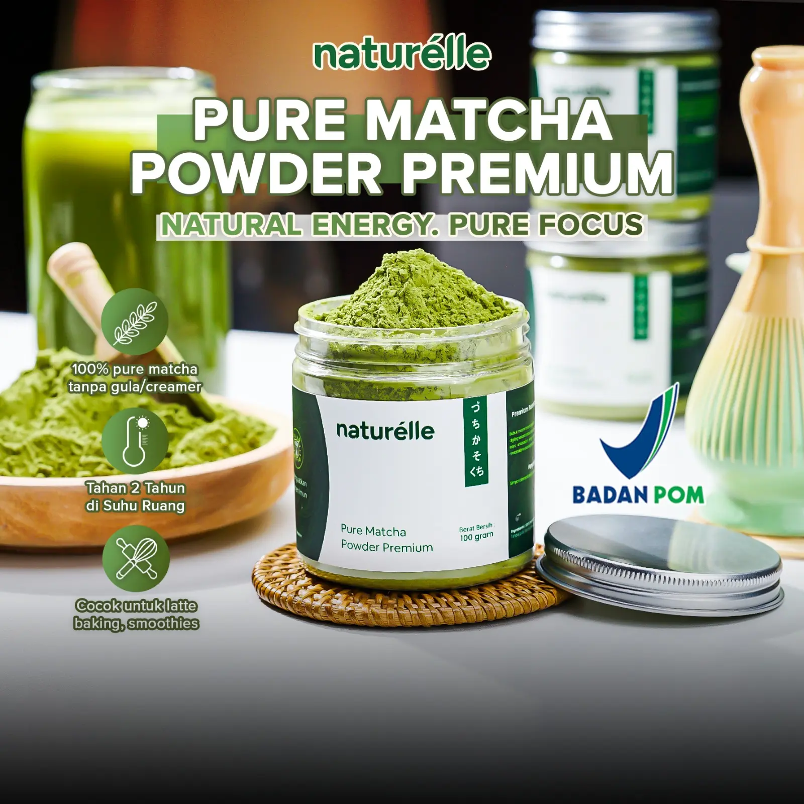 NATURÈLLE Pure Matcha Powder 100 Gram 100% Bubuk Matcha Murni Tanpa Gula Creamer Pewarna Pengawet Hijau Premium Grade Kesehatan