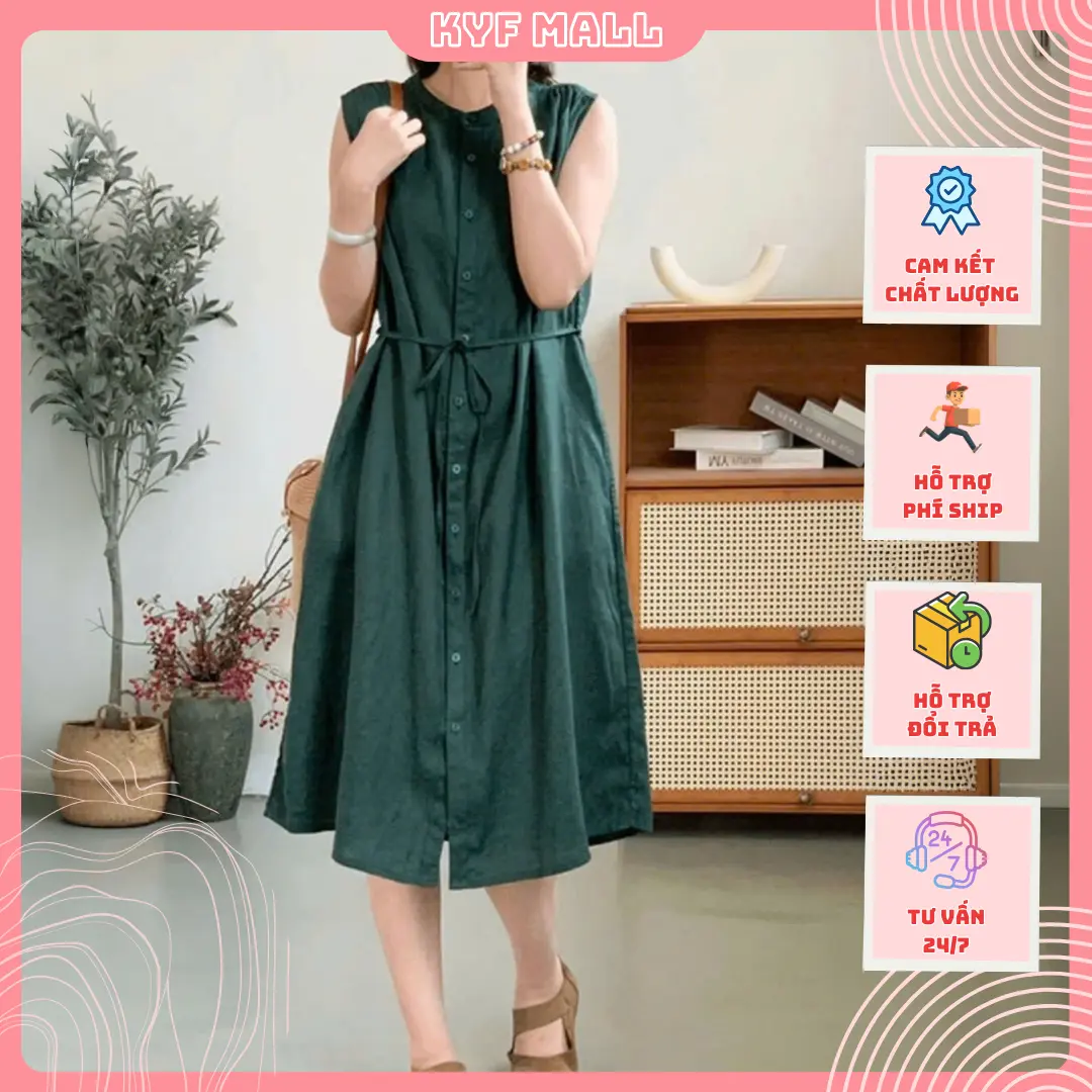 Đầm dài trơn cúc dọc, có thắt lưng | Đầm đũi nữ thanh lịch, sang trọng, mặc đi biển, đi chơi, du lịch vayom body tondang