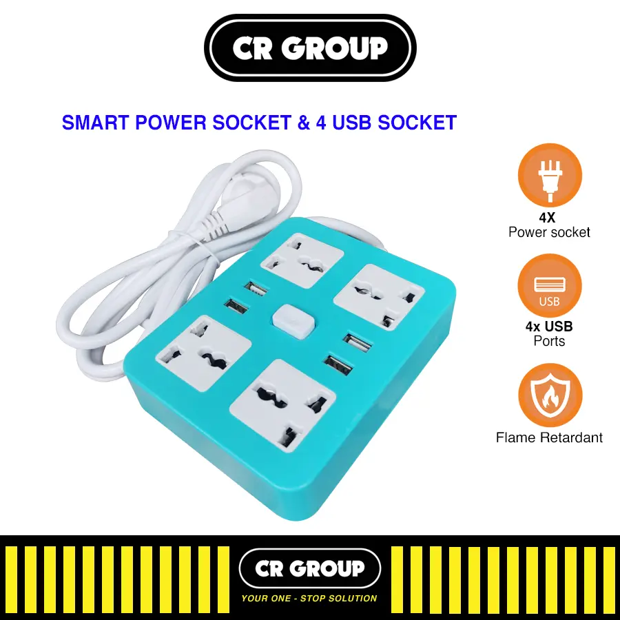 CRGROUP Stop Kontak / Power Socket - 4 Socket Universal - 4 Port USB - Tombol On/Off - 5 Warna - Kabel 1.8M