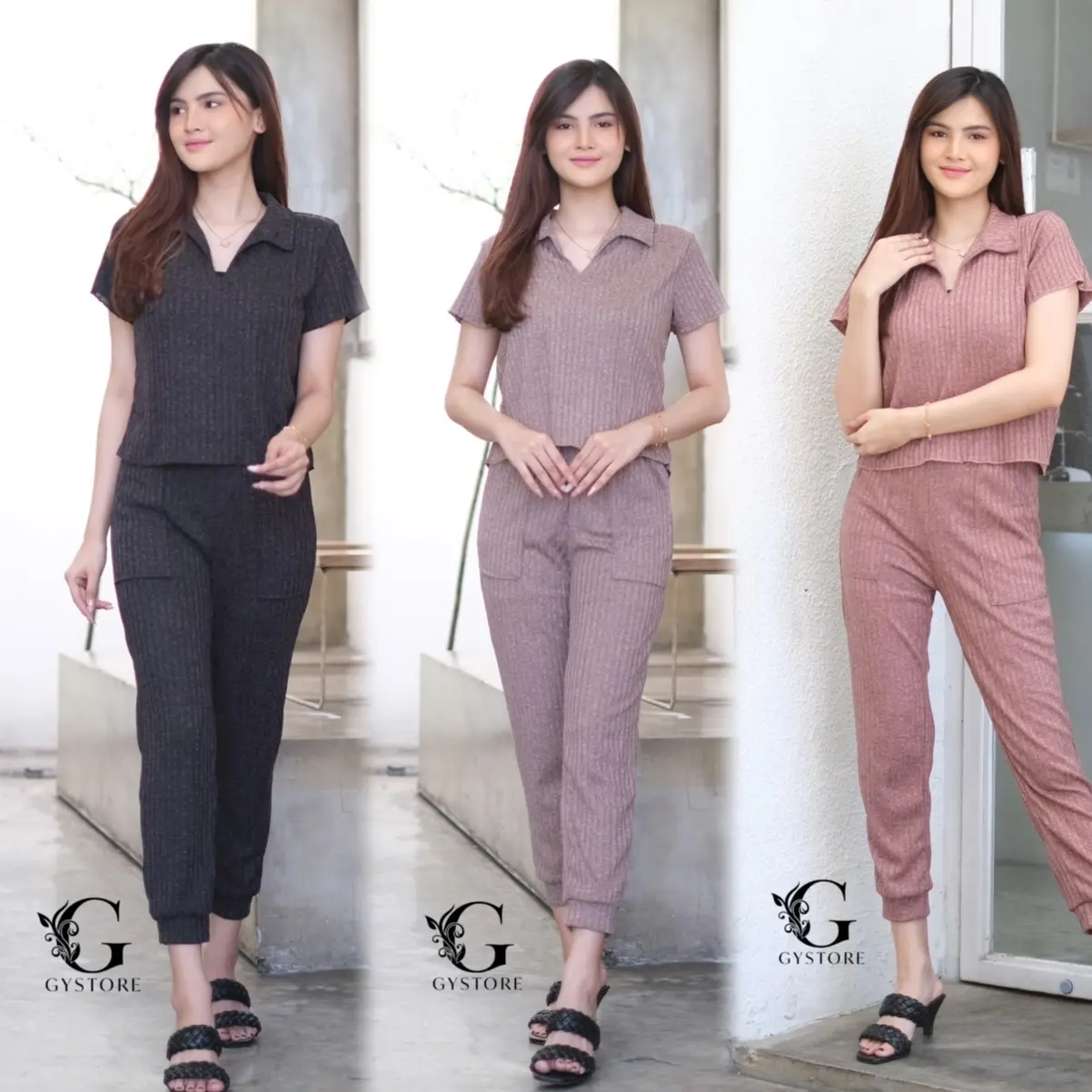 Gystore - Nuna Setelan Knit Wanita Casual Celana Panjang