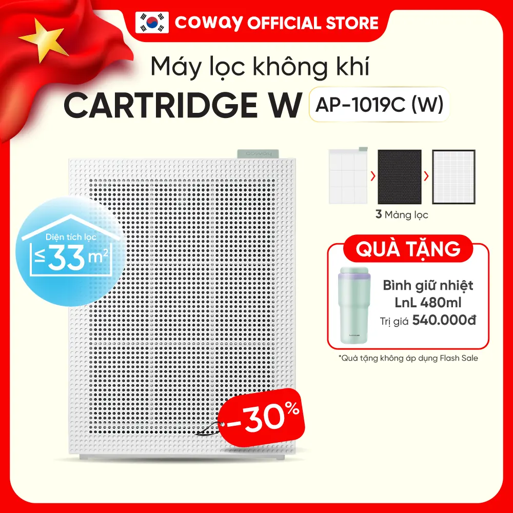[Toàn quốc] Máy lọc không khí Coway Cartridge White AP-1019C (W) | Lọc bụi mịn PM2.5 | Diện tích 33m² | Hàng chính hãng