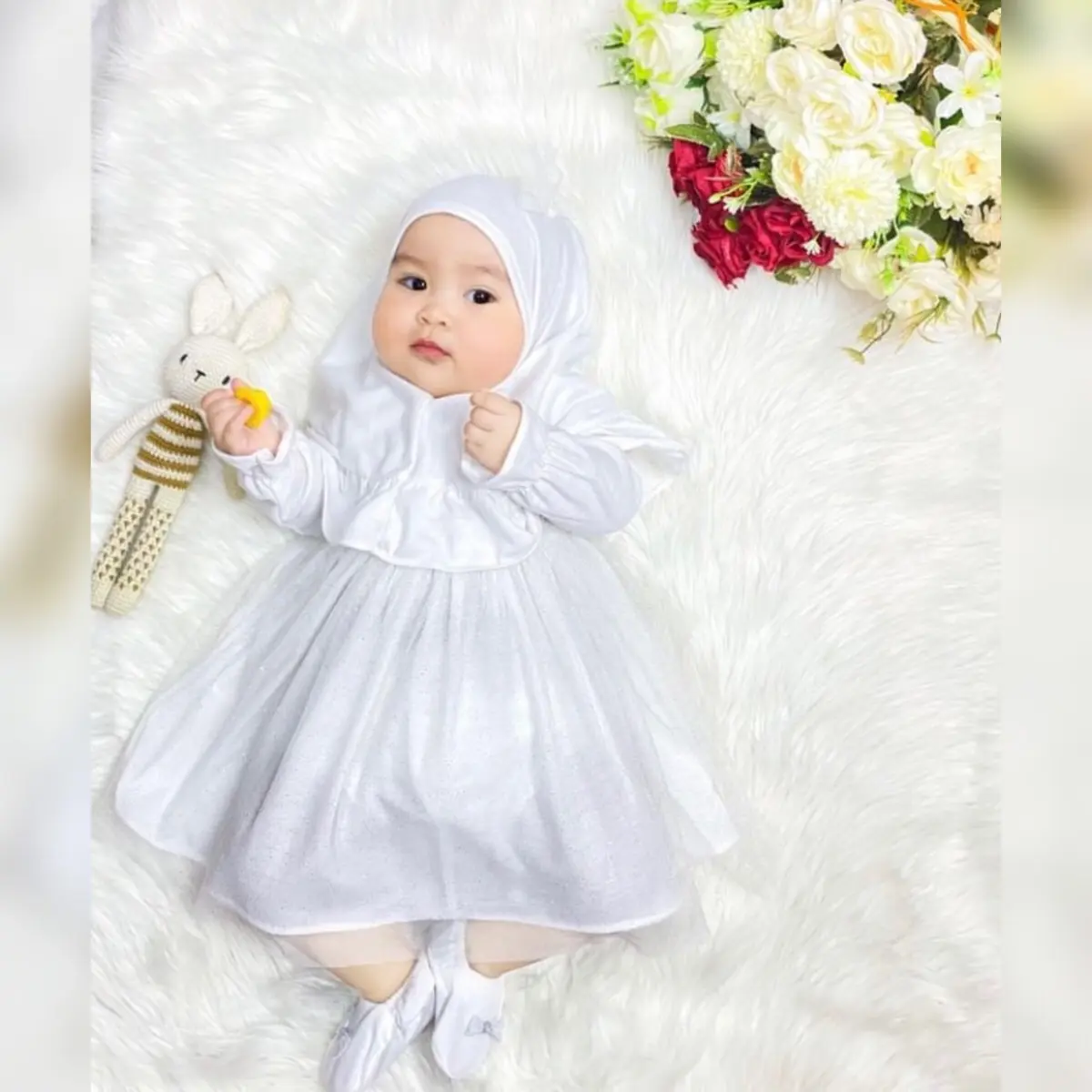 Gamis Princess Newborn Aqiqah Putih Lebaran Tile Bear Kaos Adem Halus set sepatu prewalker Bayi Bordir Muslim Katun Baju Jilbab Panjang Brown Dewasa