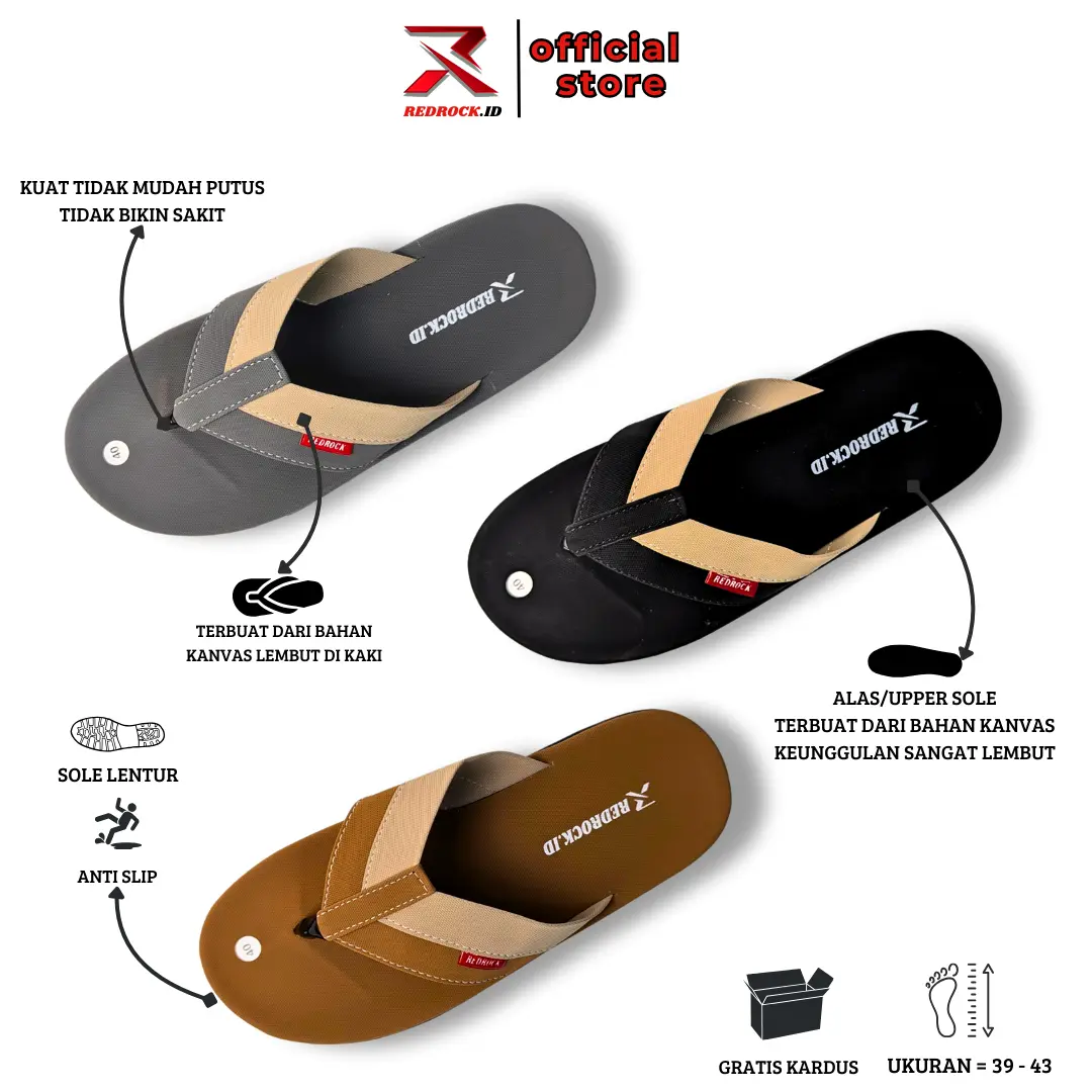Sandal Jepit Distro Cowok Pria Wanita Premium Keren empuk lembut kuat Sendal Japit canvas Original Redrock.id RRJ1