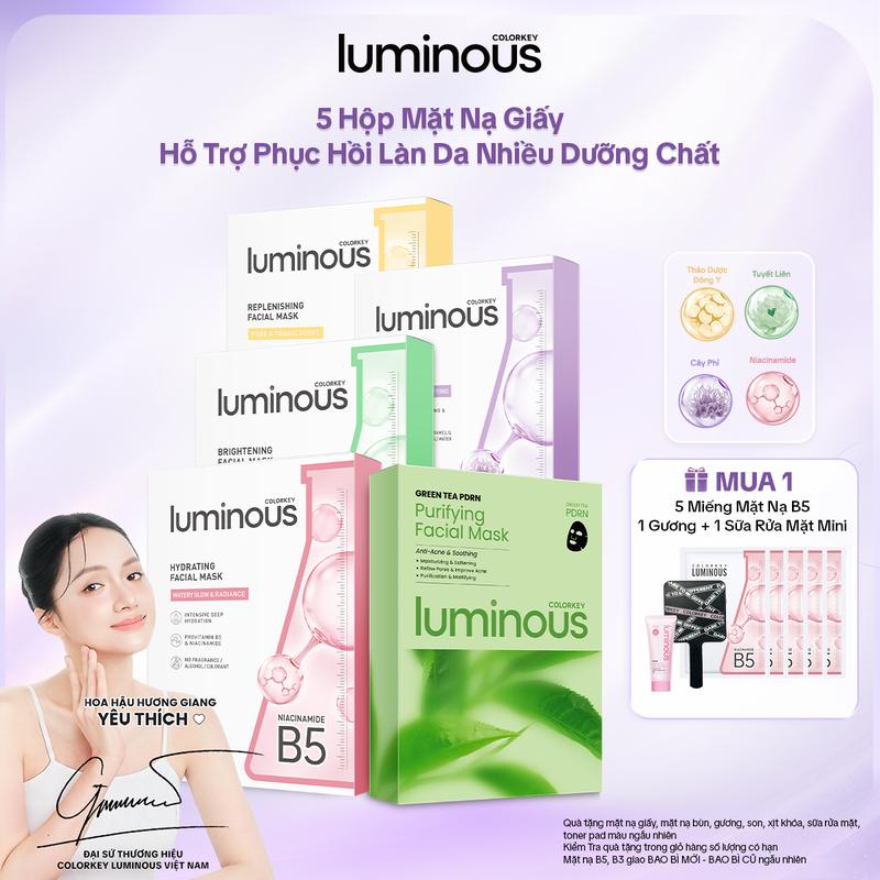 COMBO 5 HỘP Mặt Nạ Giấy Vitamin B5 Colorkey Luminous Cho Mọi Loại Da Hỗ Trợ Cấp Ẩm Làm Dịu & Phục Hồi Da (10 Miếng/Hộp)