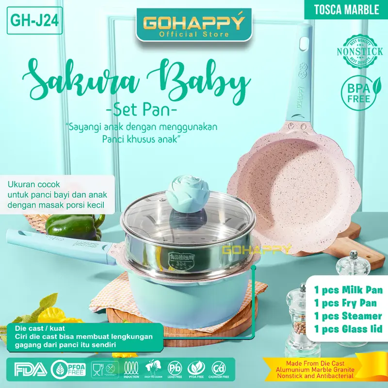 PANCI SET MAYBA BABY PAN 4 pcs Perlengkapan bayi Kids | Peralatan Wajan masak anak diatas bolde | Cream Frying Milk pan steamer lavender merah Pink Black 6