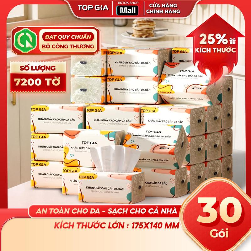 (CHẤT LƯỢNG CAO - GIẤY LỚN) Thùng 30 Gói Giấy Đa Sắc TopGia, Giấy Ăn Cao Cấp Dập Vân 4D, 4 Lớp, Dai, Mềm Mịn. Khăn Giấy Vệ Sinh VTG84