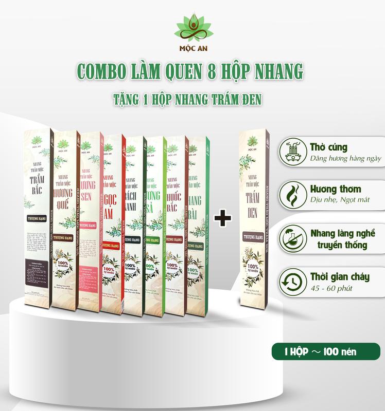  COMBO LÀM QUEN 8 hộp nhang sạch thảo tặng 1 hộp nhang trám đen- thắp gia tiên nhang đi lễ - nhang chung cư- Hương Thảo Mộc Tự Nhiên -  Không Cuộn Tàn - Nhang Mộc An 