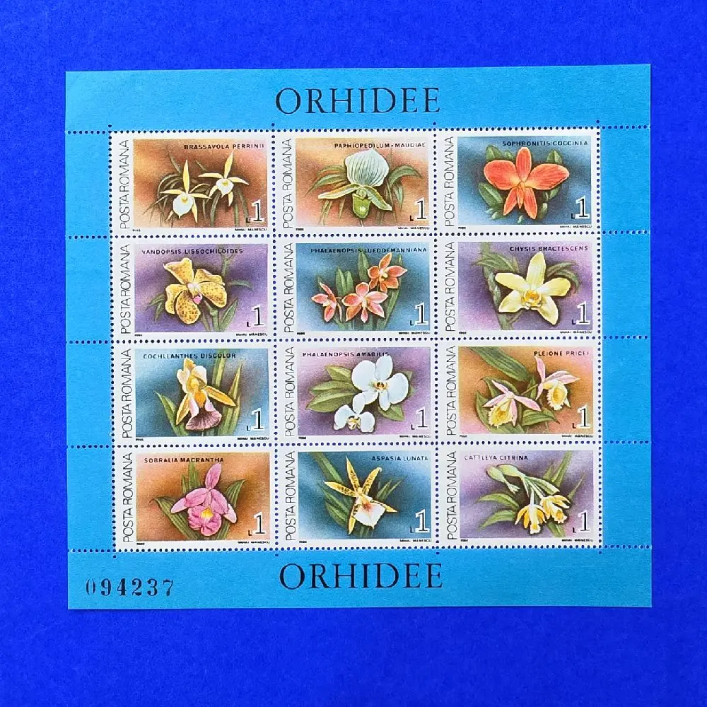 Prangko tema Bunga Anggrek. ORCHIDS (ORHIDEE) Minisheet berisi 12 keping prangko dari ROMANIA. MNH