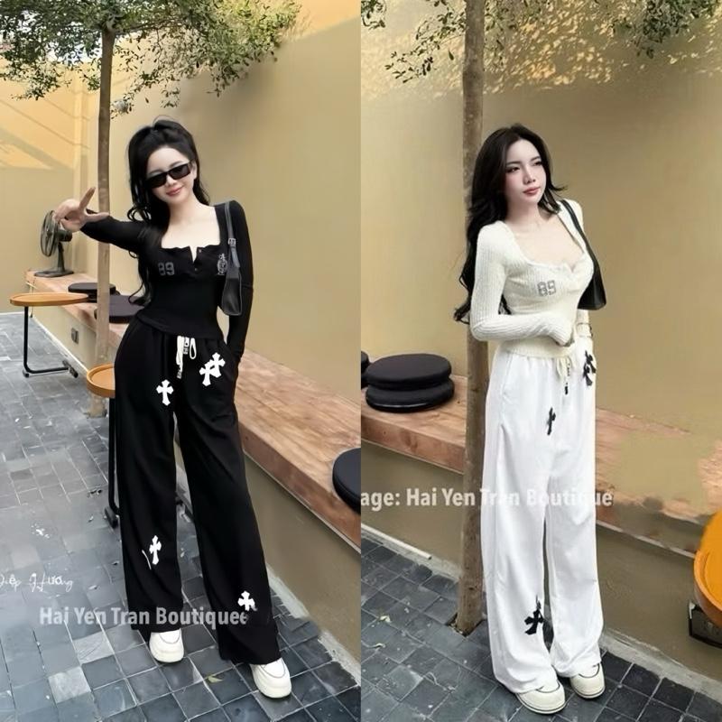 CT Jeans Set Áo Tay Dài Cổ Vuông 89 Mix Quần Suông Thập Size S M Cho Nữ