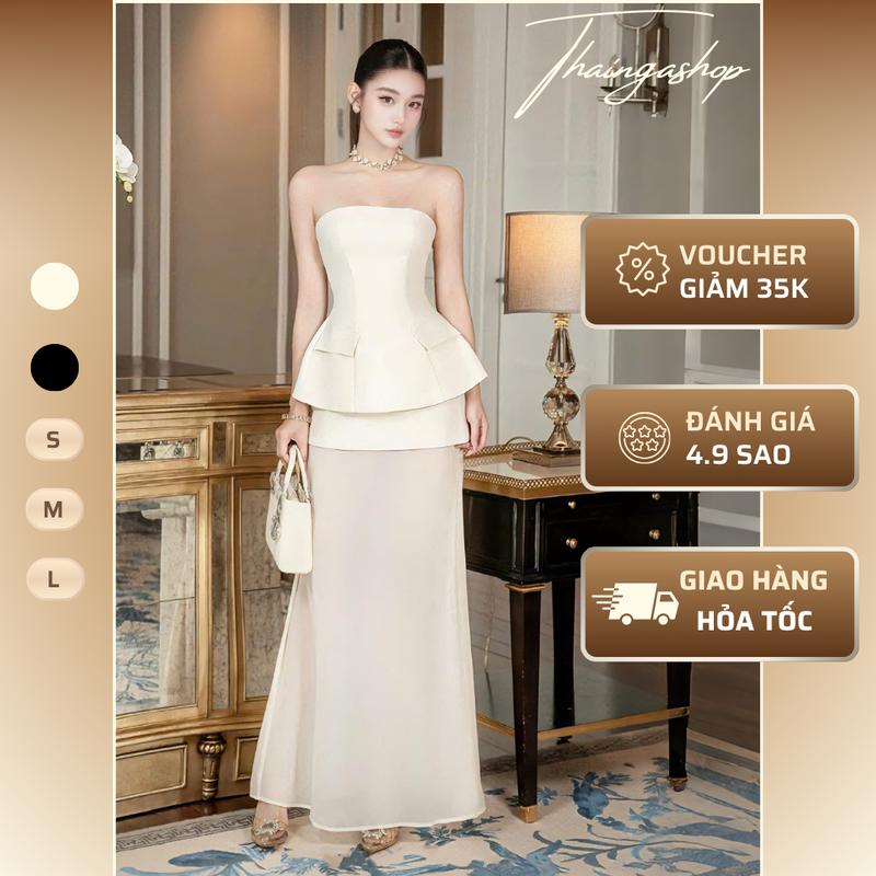 Set tiệc áo và chân váy phối voan tơ màu nude, màu đen size S M L thanh lịch Đầm lệch vai phối voan sang chảnh