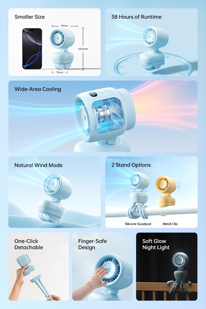 JisuLife Stroller Fan 4 Rechargeable Portable Mute Baby Fan Octopus Clip Table 3 in 1 USB Fans 5 Speeds Strong Wind Bladeless Safety With Light For Car Crib Pet Office Outdoor Camping