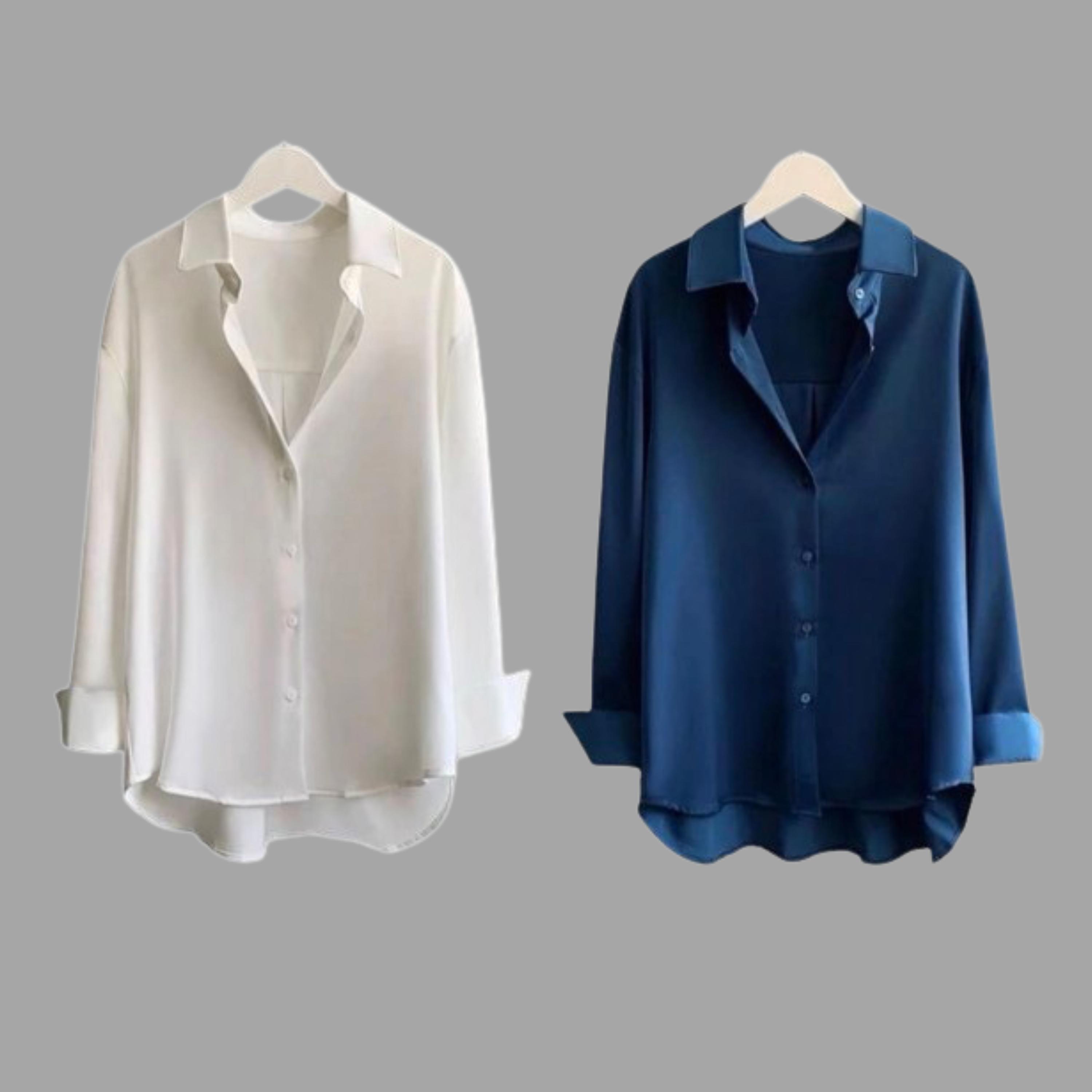 Paket 2 Pcs Kemeja Wanita Polos Lengan Panjang Casual Slim-Fit Atasan Blouse Wanita Baju  Kerja Kantor Cewek Dewasa  Oversize
