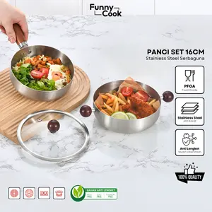 [FREE TUTUP KACA] PO 90 HARI Funnycook Panci Sauce Pan Set Gemoy Lucu Tebal Stainless Steel Diameter 14cm 16cm Dengan Gagang Kayu Anti Panas dan Tutup Kaca Kitchenware