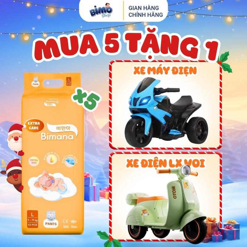 5E TẶNG XE MÁY ĐIỆN Combo 5 Bịch Tã Bỉm BIMANA EXTRA CARE Thấm Hút Nhanh Mỏng Nhẹ Êm Ái Cho Bé Từ NB Đến 4XL