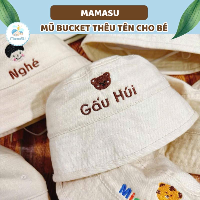 (THÊU TÊN) Mũ Bucket Thêu Tên Bé Theo Yêu Cầu Phong Cách Hàn Quốc Mũ Có Dây Cho Bé Đi Học Mẫu Giáo
