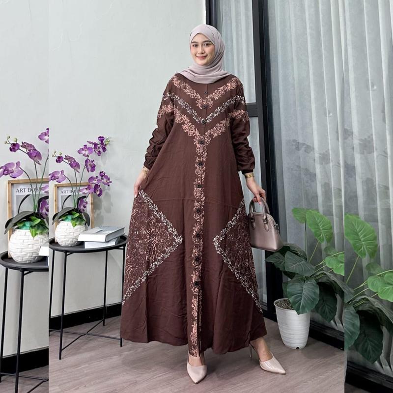 Naya Batik - Gamis Twill Ori Berkualitas Motif Batik Cap Malaman Bukan Sablon Busui Friendly Lengan Panjang Karet Model Tali Samping Full Kancing Dress Wanita Muslim Remaja Tanpa Rempel Nyaman Kain Rayon 2