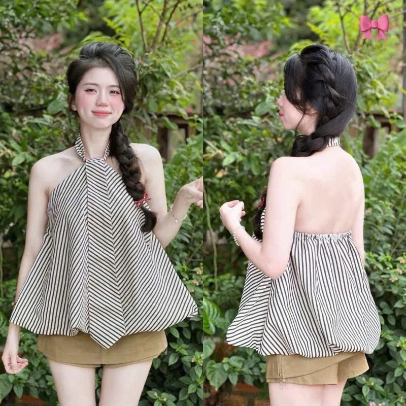 ÁO CỔ YẾM HỞ LƯNG DÁNG BÍ HOẠ TIẾT KẺ SỌC Nữ