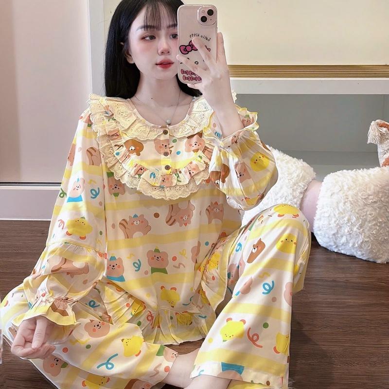  KA181 - Đồ Bộ Vải Tole Lanh Nữ  VNXK Áo Cổ Bèo Tay Dài Quần Dài Tiểu Thư 