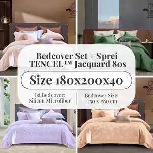 FORTUNA INDAH - Bedcover Set + Sprei Uk 180x200 Tinggi 40 - TENCEL(TM) Jacquard 80s Isi Microfiber Karet King Sarung Bantal Tali
