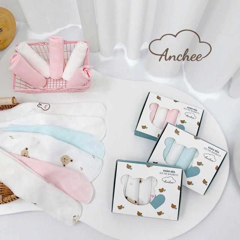 Hộp 5 Khăn Sữa Sợi Tre 2 Lớp AnChee, Chất Liệu Sợi Tre Mềm Mỏng Nhẹ Thấm Hút Tốt Cho Bé Sơ Sinh