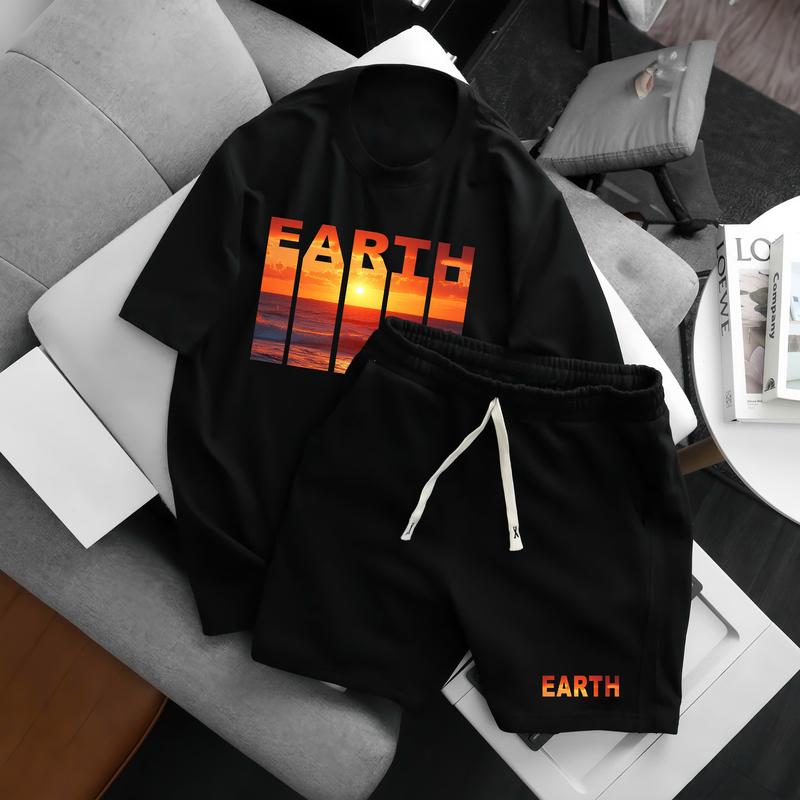 Bộ Quần Áo Nam Nữ Cotton Co Dãn Tay Lửng Họa Tiết  EARTH Phong Cách Năng Động Thoải Mái Menswear Đen Chất Liệu Linh Hoạt Kiểu Dáng Đơn Giản Mà Thời Trang