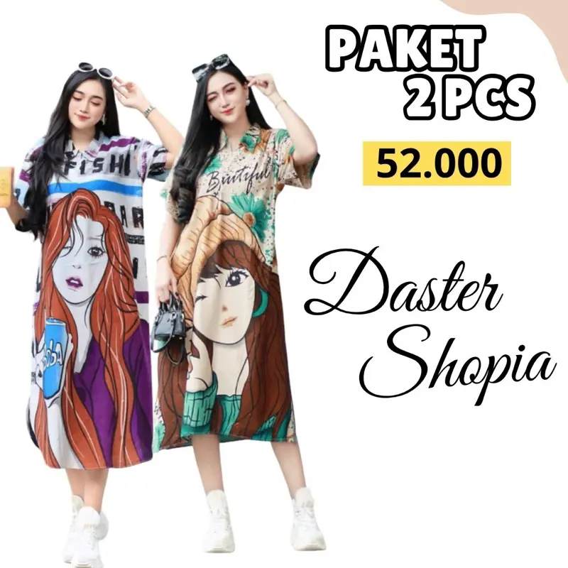 Paket Hemat 2 Pcs Daster Shopia Krah Zipper Bahan Rayon Adem Motif Bumil Pendek Wanita - Panjang, Kancing, Dress 0